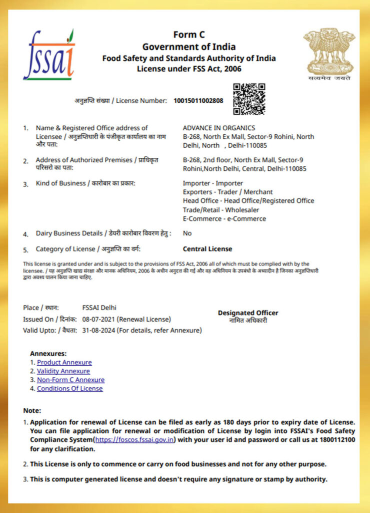 fssai Certificate Advance Inorganics